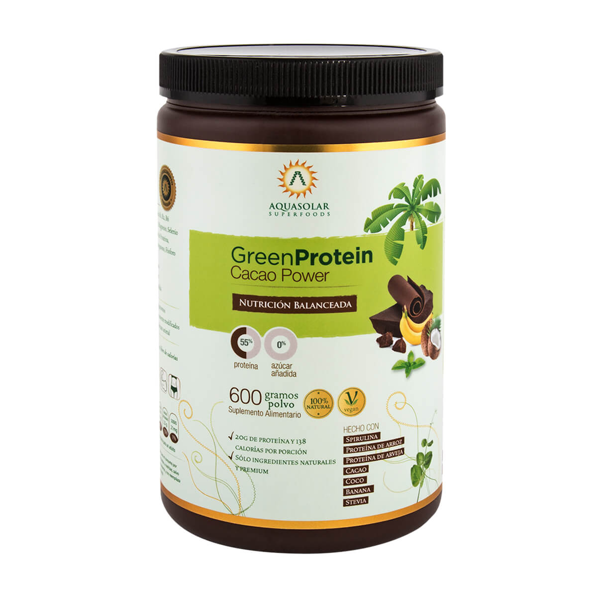 Green Protein,  Aquasolar proteína vegana 600 gr,  Cacao